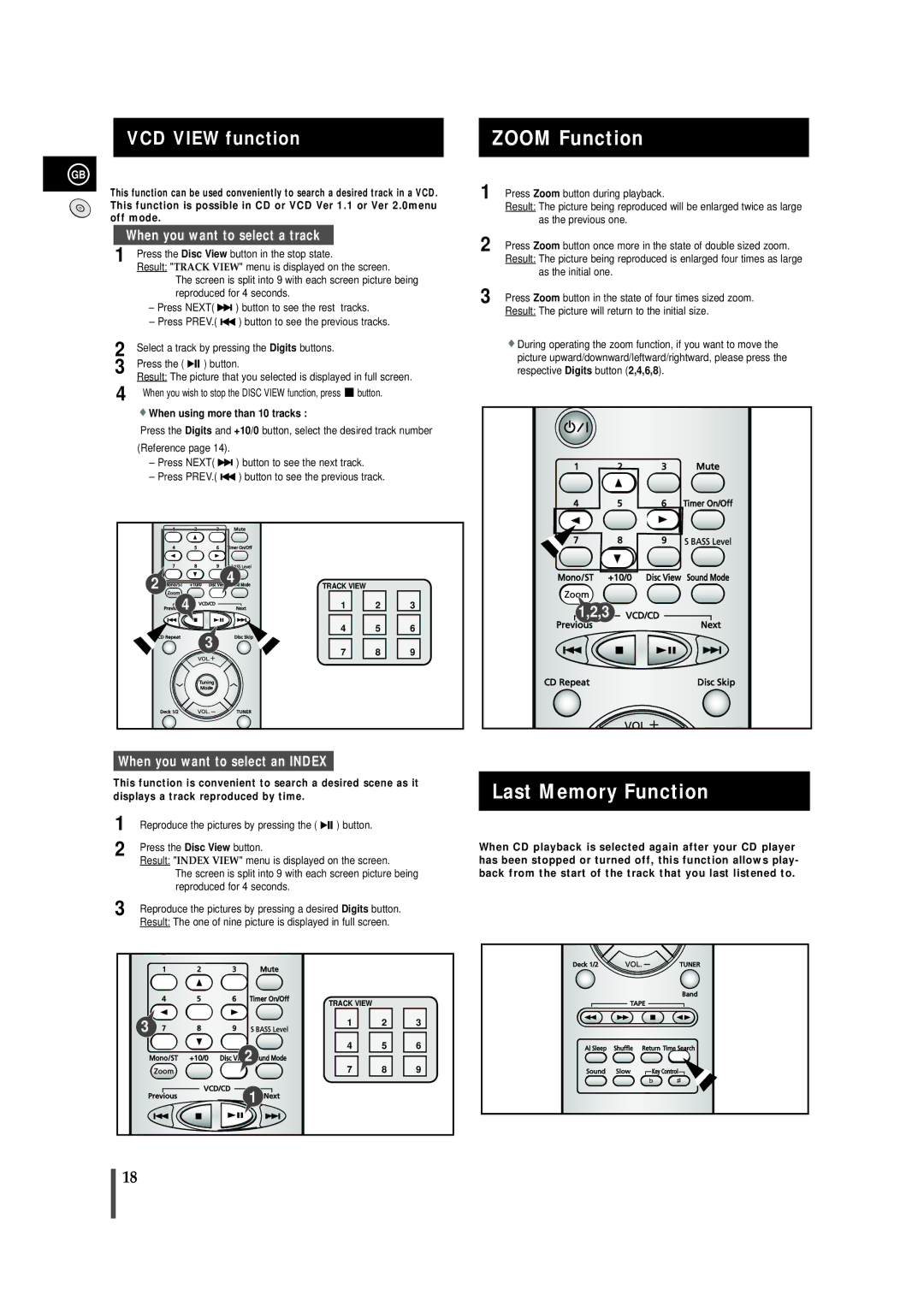 Samsung MAX-VB550, AH68-01145B Zoom Function, Last Memory Function, VCD View function, When using more than 10 tracks 