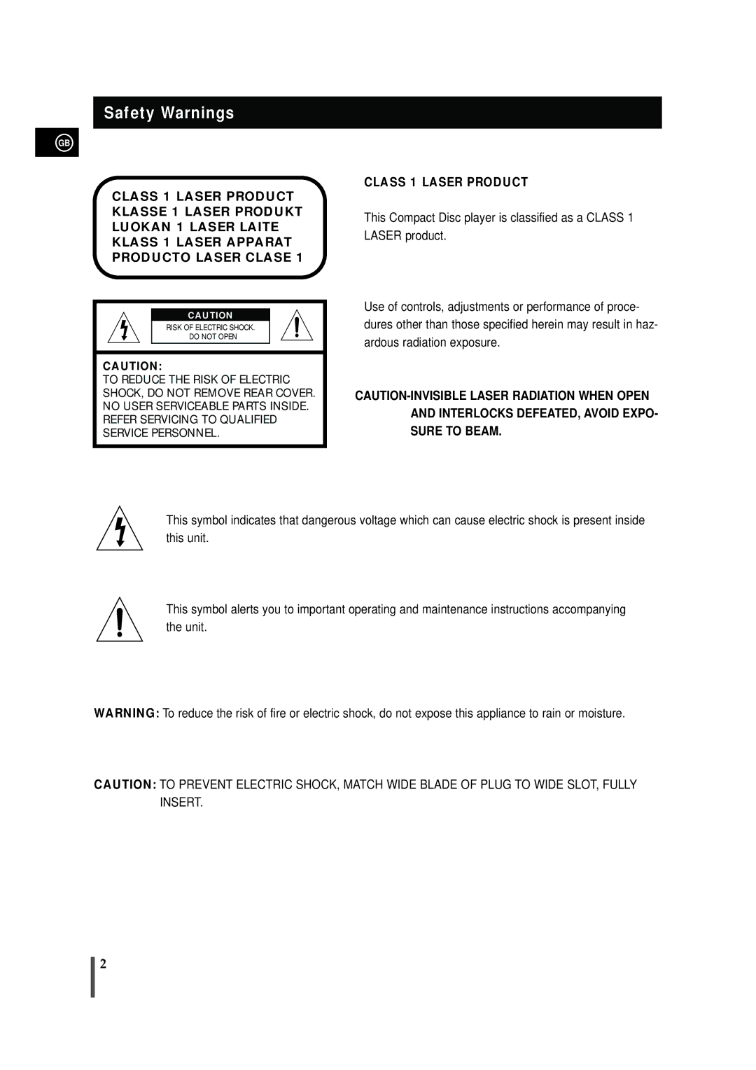 Samsung MAX-VB550, AH68-01145B instruction manual Safety Warnings, Class 1 Laser Product 