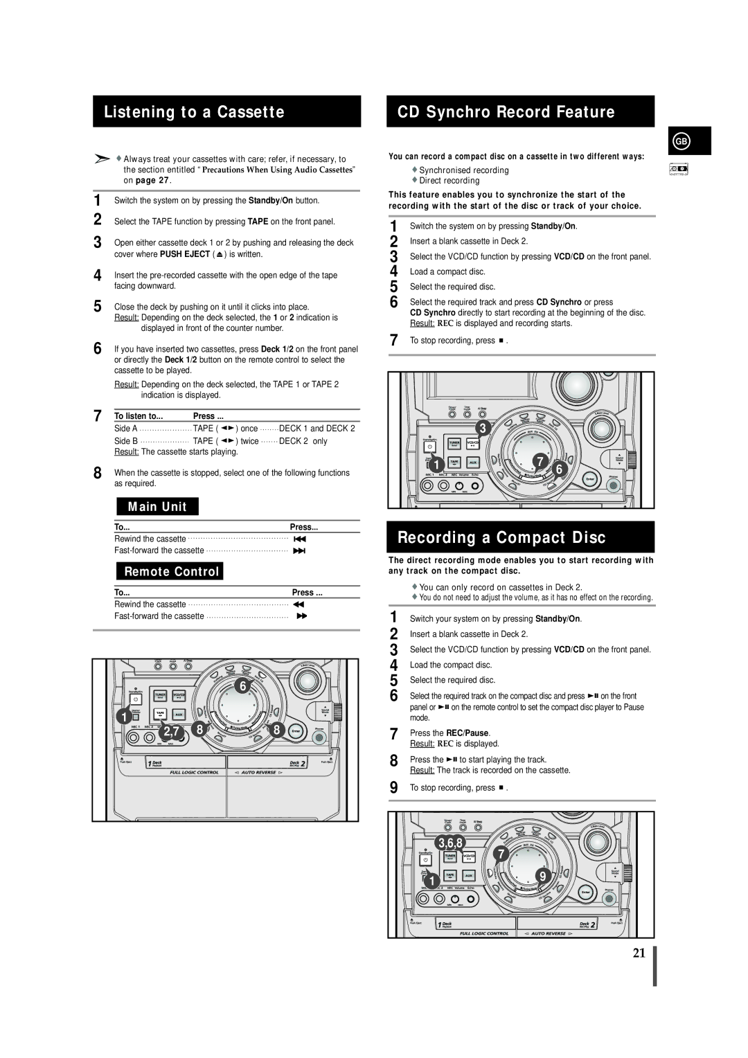 Samsung AH68-01145B Listening to a Cassette, CD Synchro Record Feature, Recording a Compact Disc, To listen to, To...Press 