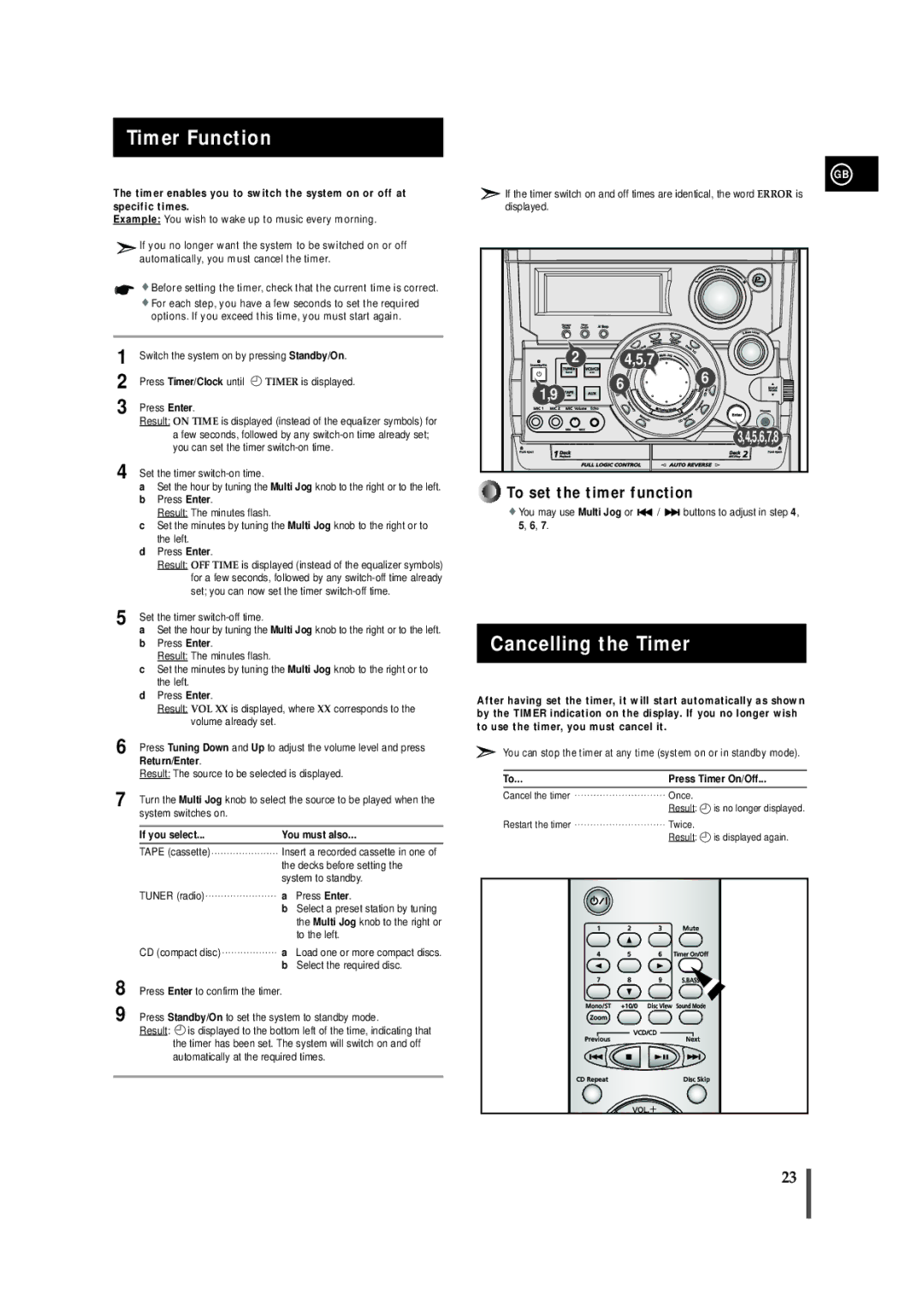 Samsung AH68-01145B, MAX-VB550 instruction manual Timer Function, Cancelling the Timer 