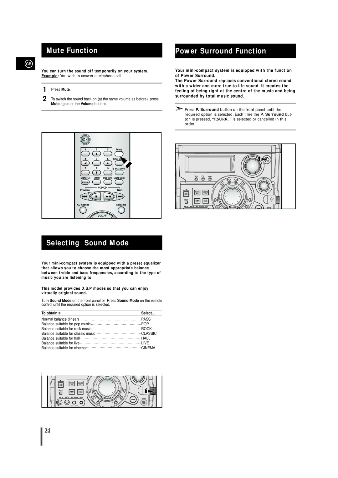 Samsung MAX-VB550, AH68-01145B Mute Function, Selecting Sound Mode, Power Surround Function, To obtain a Select 