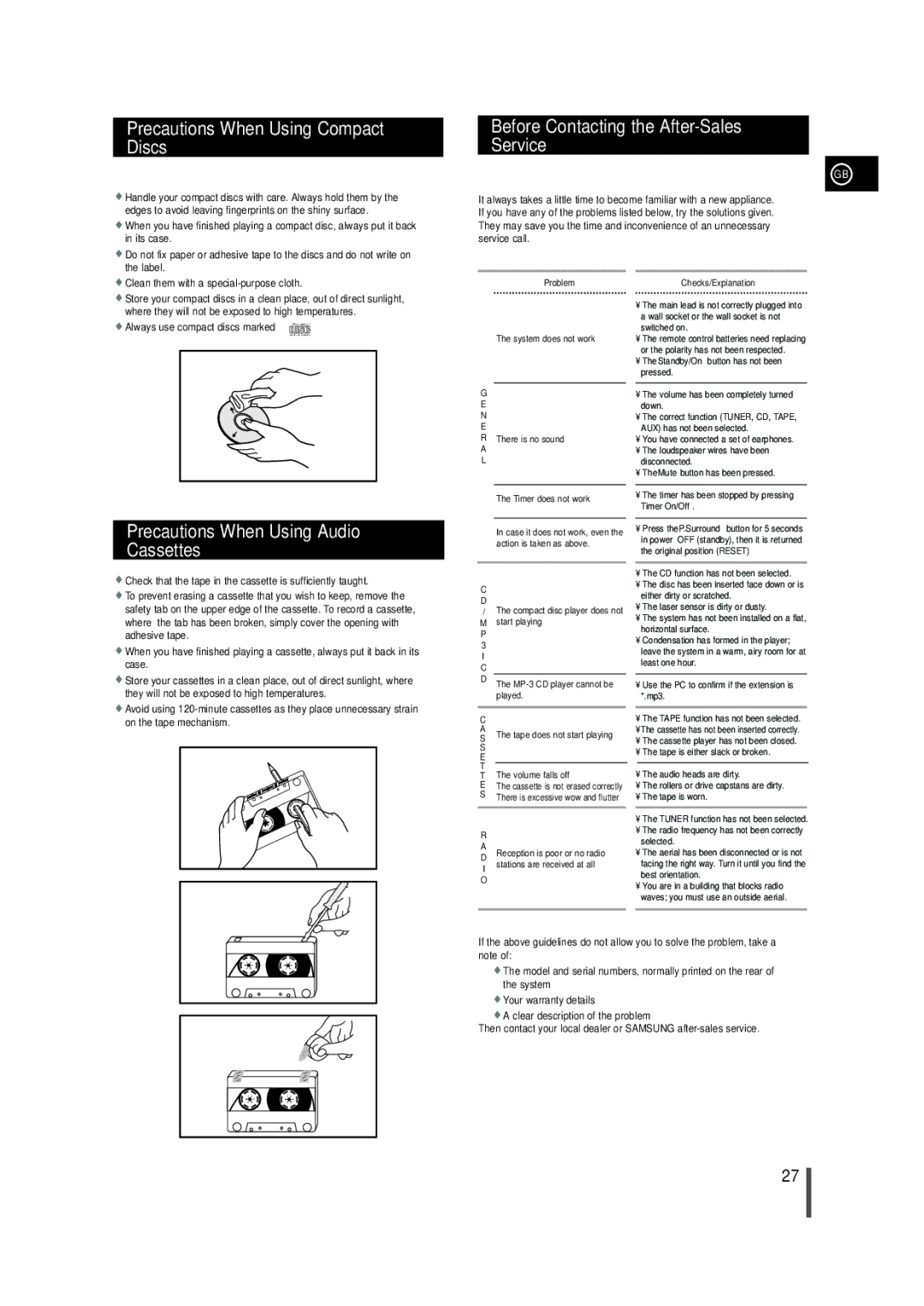 Samsung AH68-01145B, MAX-VB550 Precautions When Using Compact Discs, Before Contacting the After-Sales Service 