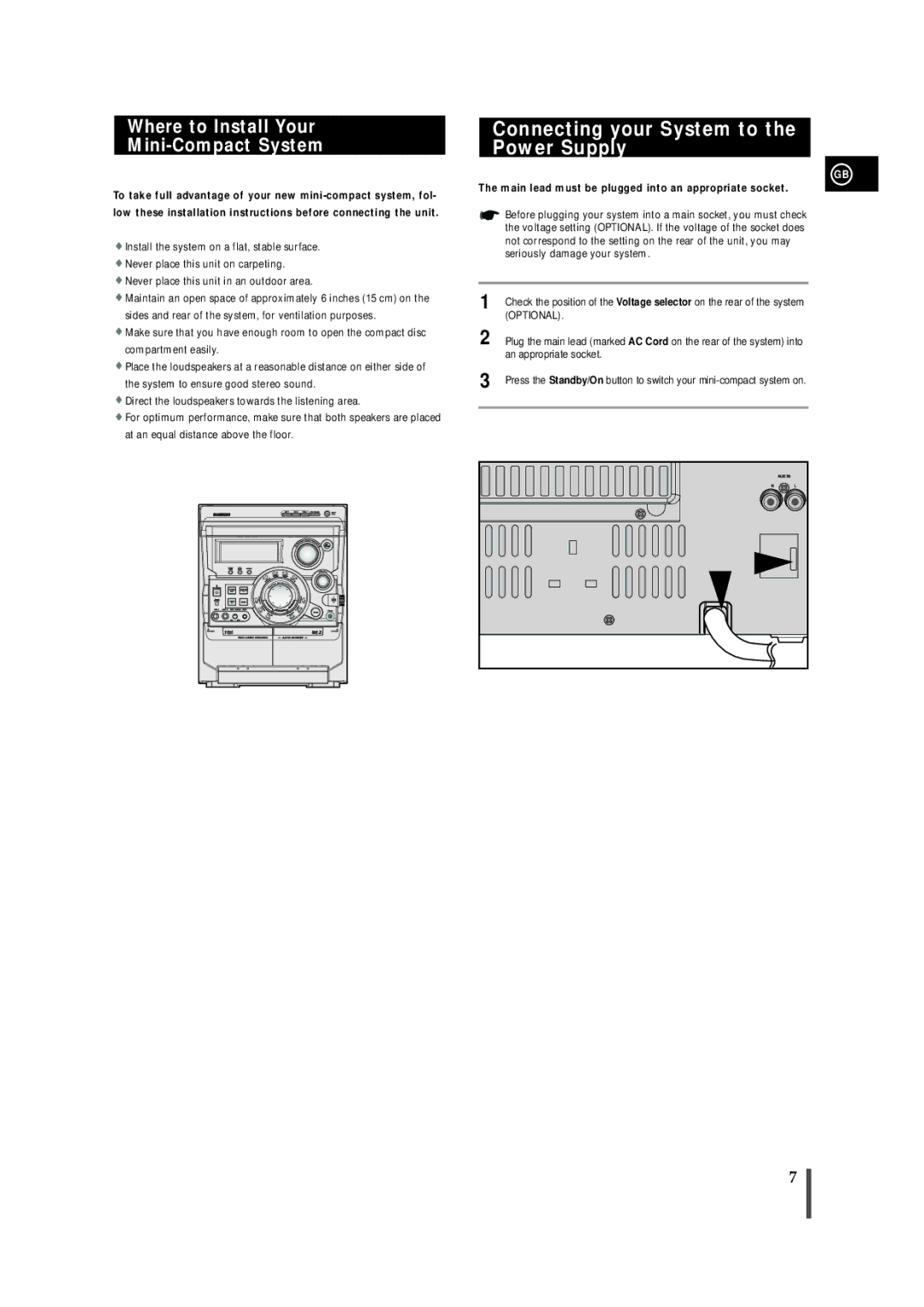 Samsung AH68-01145B, MAX-VB550 Connecting your System to the Power Supply, Where to Install Your Mini-Compact System 