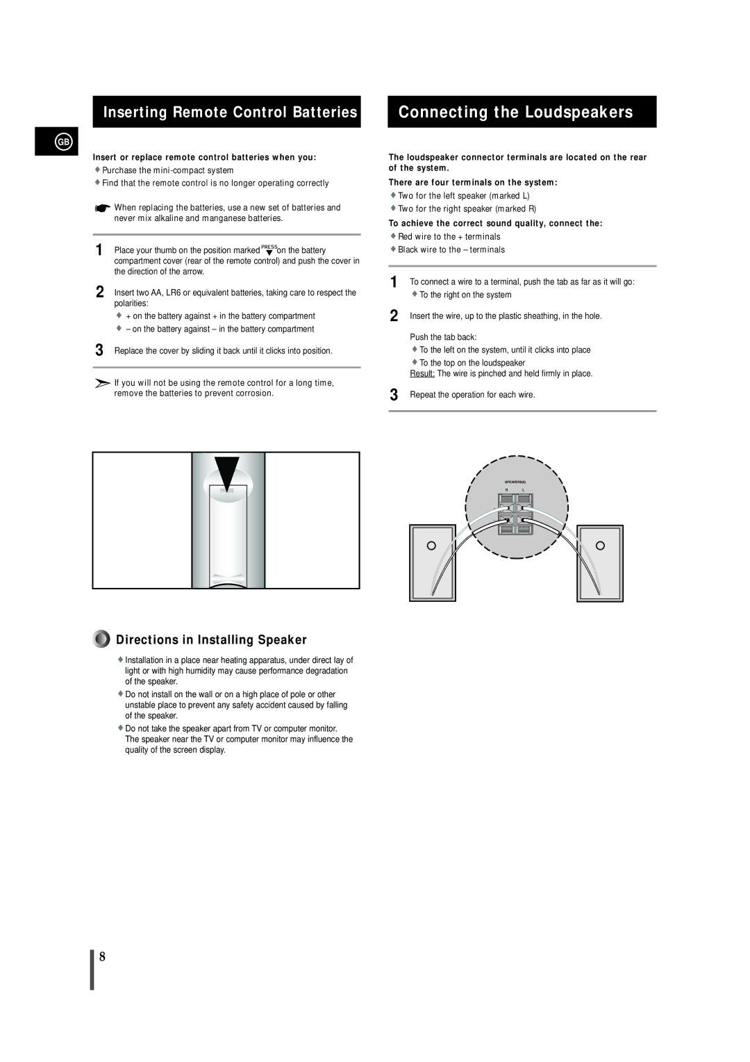 Samsung MAX-VB550, AH68-01145B instruction manual Connecting the Loudspeakers, Inserting Remote Control Batteries 