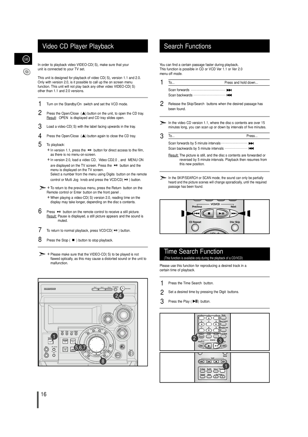 Samsung MAX-VB630G instruction manual Video CD Player Playback Search Functions, Time Search Function, Press 