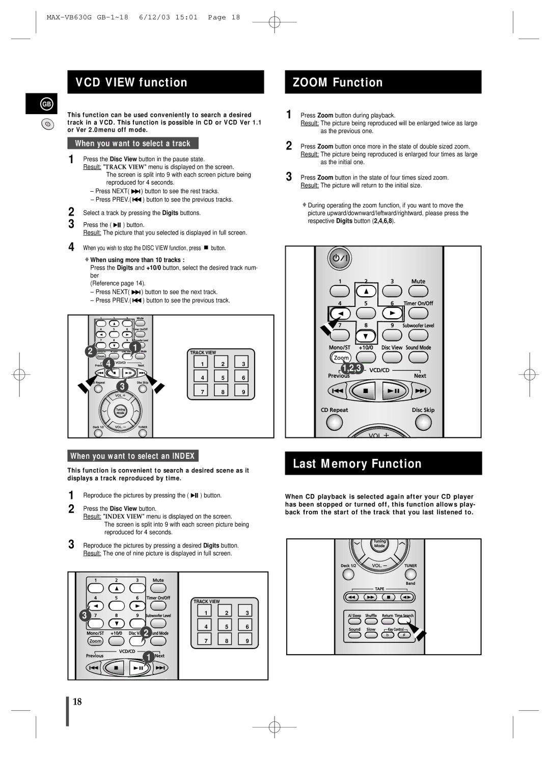 Samsung MAX-VB630G VCD View function, Zoom Function, Last Memory Function, When using more than 10 tracks 