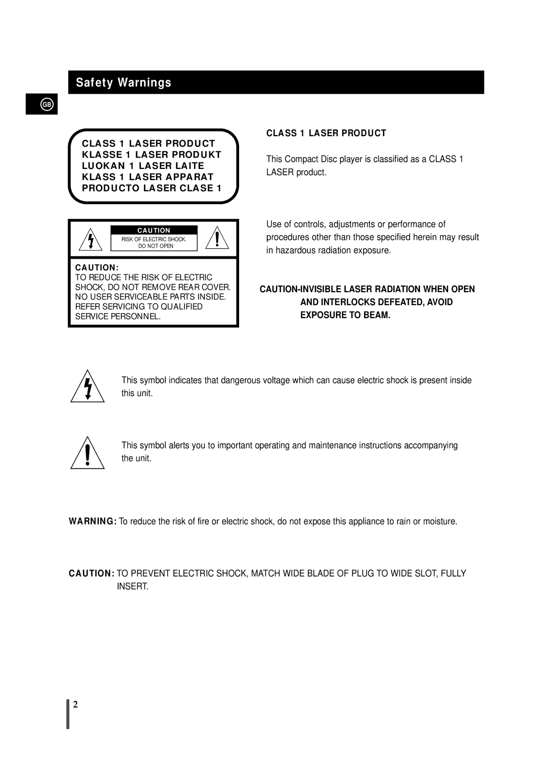 Samsung MAX-VB630G instruction manual Safety Warnings, Class 1 Laser Product 