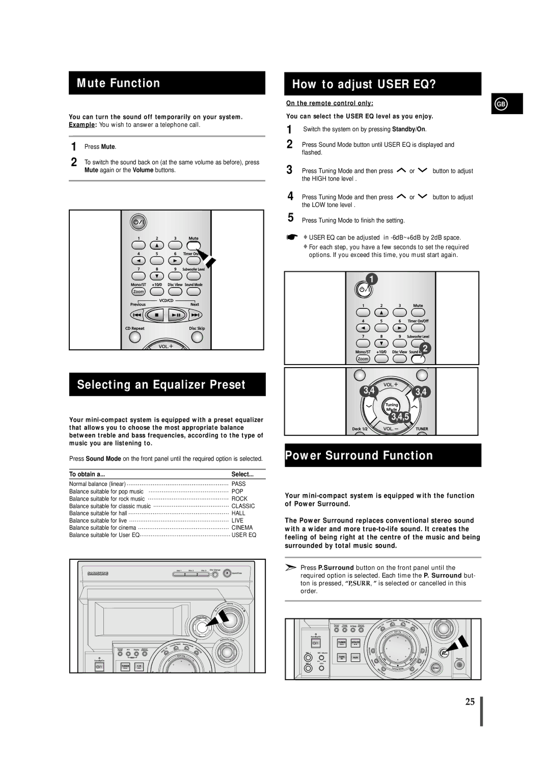 Samsung MAX-VB630G Mute Function, How to adjust User EQ?, Selecting an Equalizer Preset, Power Surround Function 