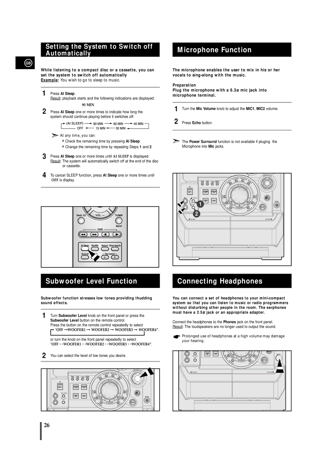 Samsung MAX-VB630G Microphone Function, Subwoofer Level Function, Connecting Headphones, Press AI Sleep 