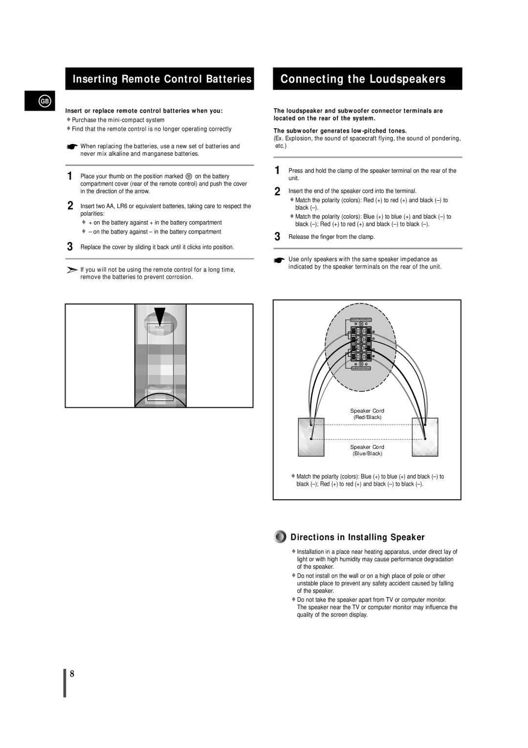 Samsung MAX-VB630G instruction manual Connecting the Loudspeakers, Inserting Remote Control Batteries 