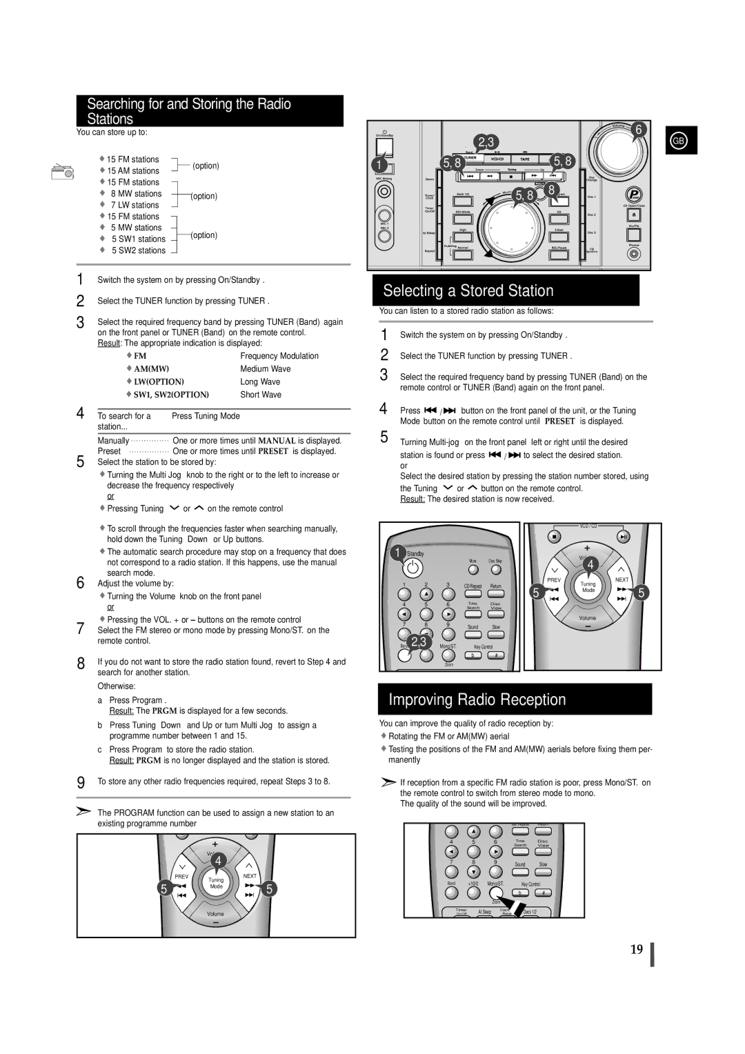 Samsung AH68-00935B Selecting a Stored Station, Improving Radio Reception, Searching for and Storing the Radio Stations 