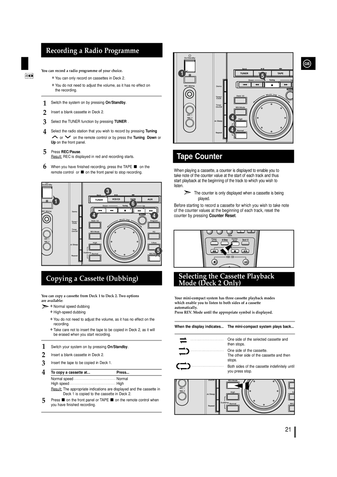 Samsung AH68-00935B Recording a Radio Programme, Copying a Cassette Dubbing, Press REC/Pause, To copy a cassette at Press 