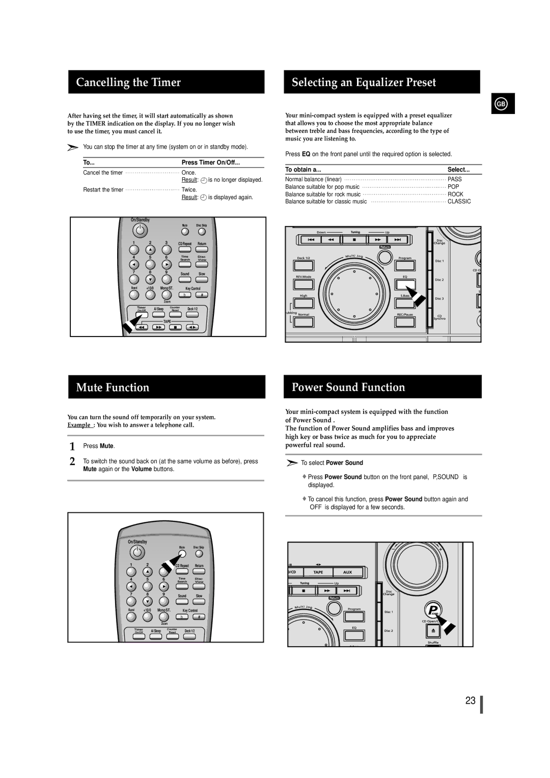 Samsung AH68-00935B, MAX-VL45 Cancelling the Timer, Selecting an Equalizer Preset, Mute Function, Power Sound Function 