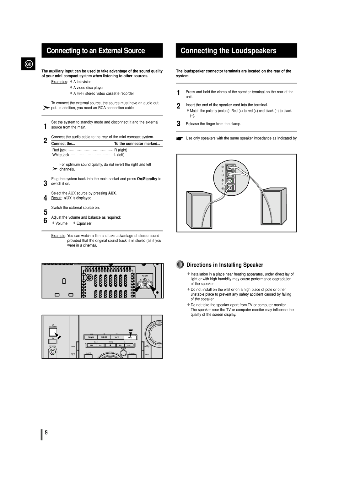 Samsung MAX-VL45, AH68-00935B instruction manual Connecting to an External Source, Connecting the Loudspeakers 