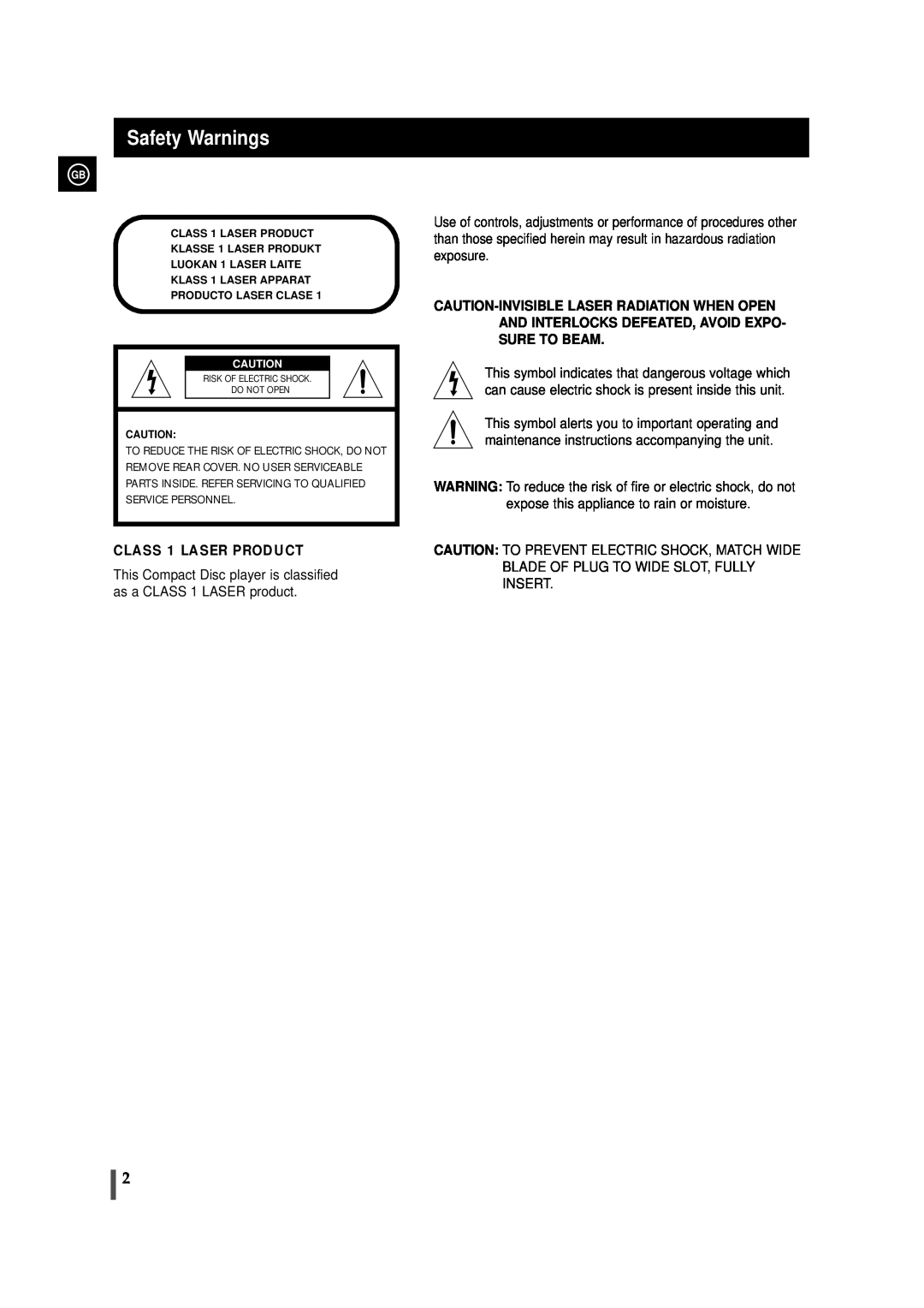 Samsung MAX-VL45, AH68-00935B instruction manual Safety Warnings, CLASS 1 LASER PRODUCT 