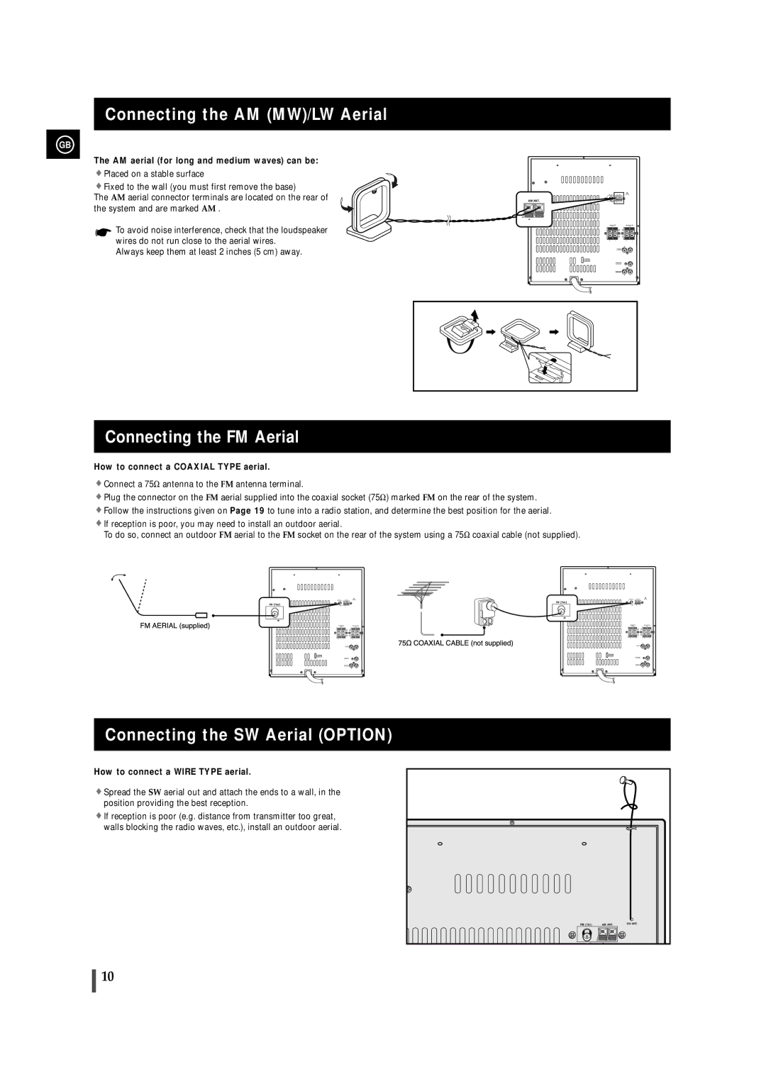 Samsung MAX-VL69, MAX-VL65 Connecting the AM MW/LW Aerial, Connecting the FM Aerial, Connecting the SW Aerial Option 