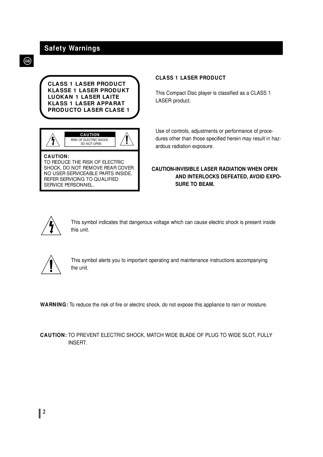 Samsung AH68-00939B, MAX-VL65, MAX-VL69 instruction manual Safety Warnings, Class 1 Laser Product 