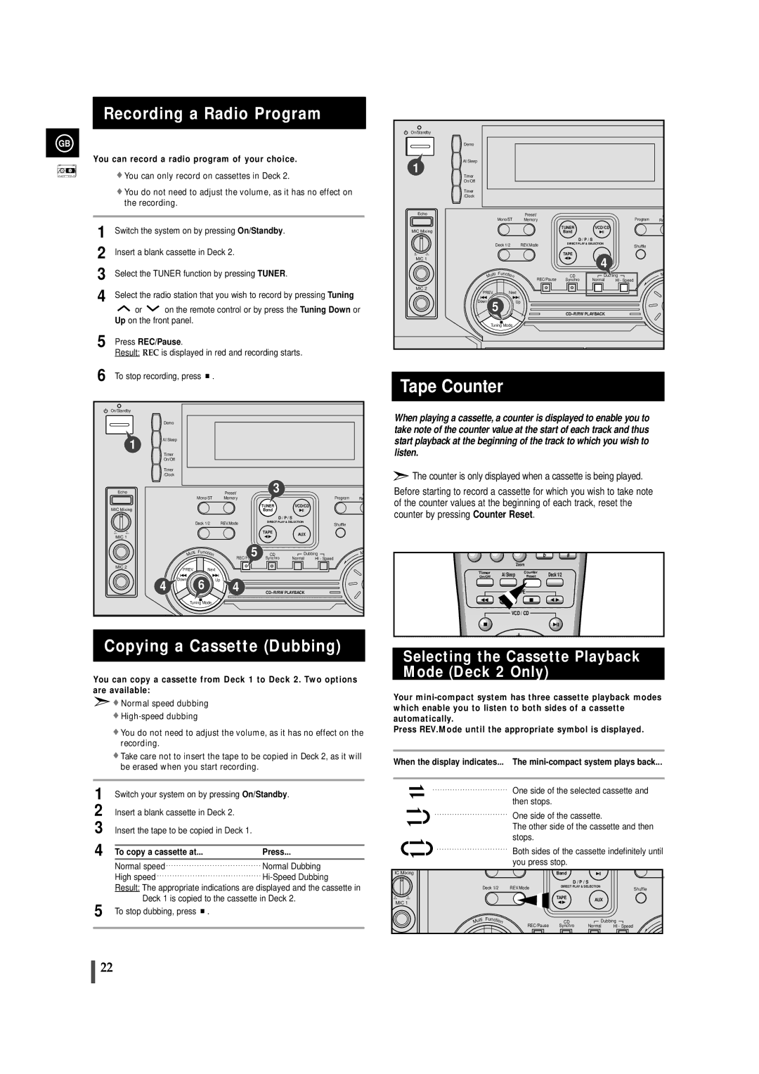 Samsung MAX-VL69 Recording a Radio Program, Copying a Cassette Dubbing, Selecting the Cassette Playback Mode Deck 2 Only 