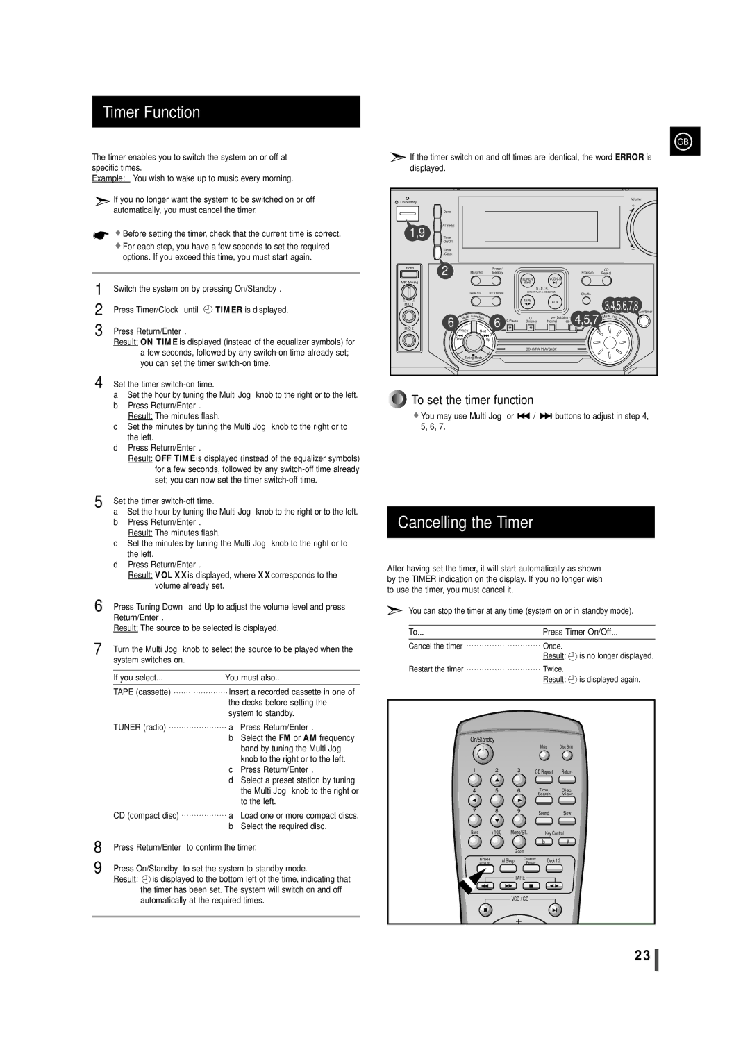 Samsung AH68-00939B, MAX-VL65, MAX-VL69 instruction manual Timer Function, Cancelling the Timer 