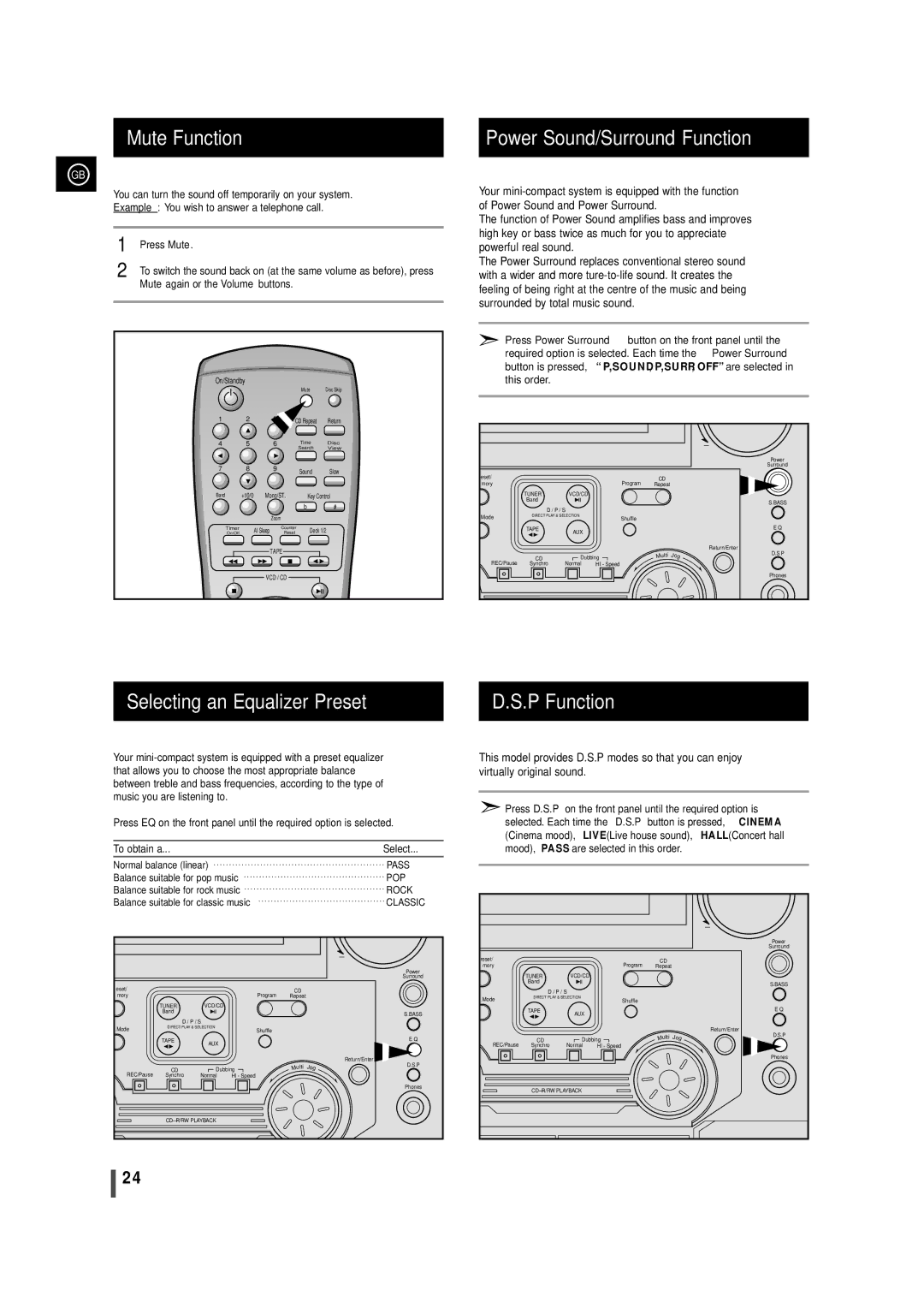 Samsung MAX-VL65 Mute Function, Power Sound/Surround Function, Selecting an Equalizer Preset P Function, To obtain a 