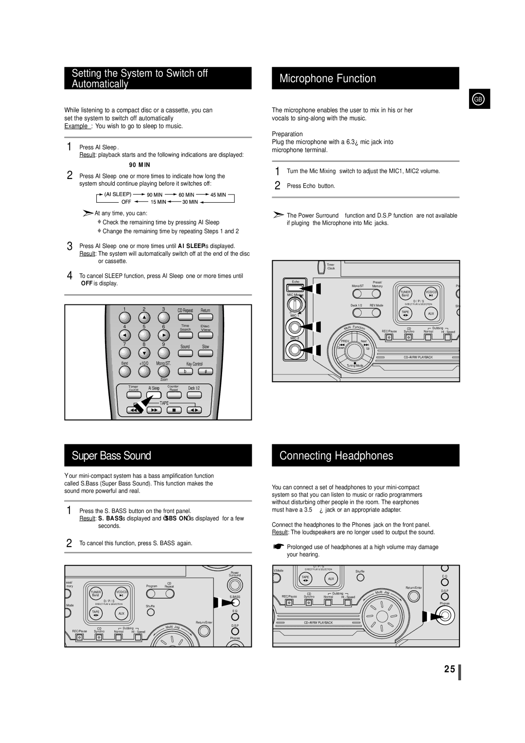 Samsung MAX-VL69, MAX-VL65, AH68-00939B Microphone Function, Super Bass Sound, Connecting Headphones, Press AI Sleep 