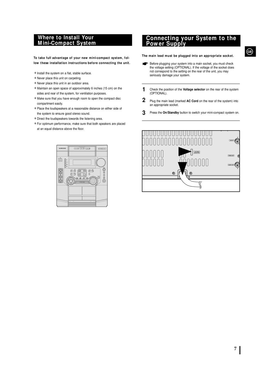 Samsung MAX-VL69, MAX-VL65 Connecting your System to the Power Supply, Where to Install Your Mini-Compact System 