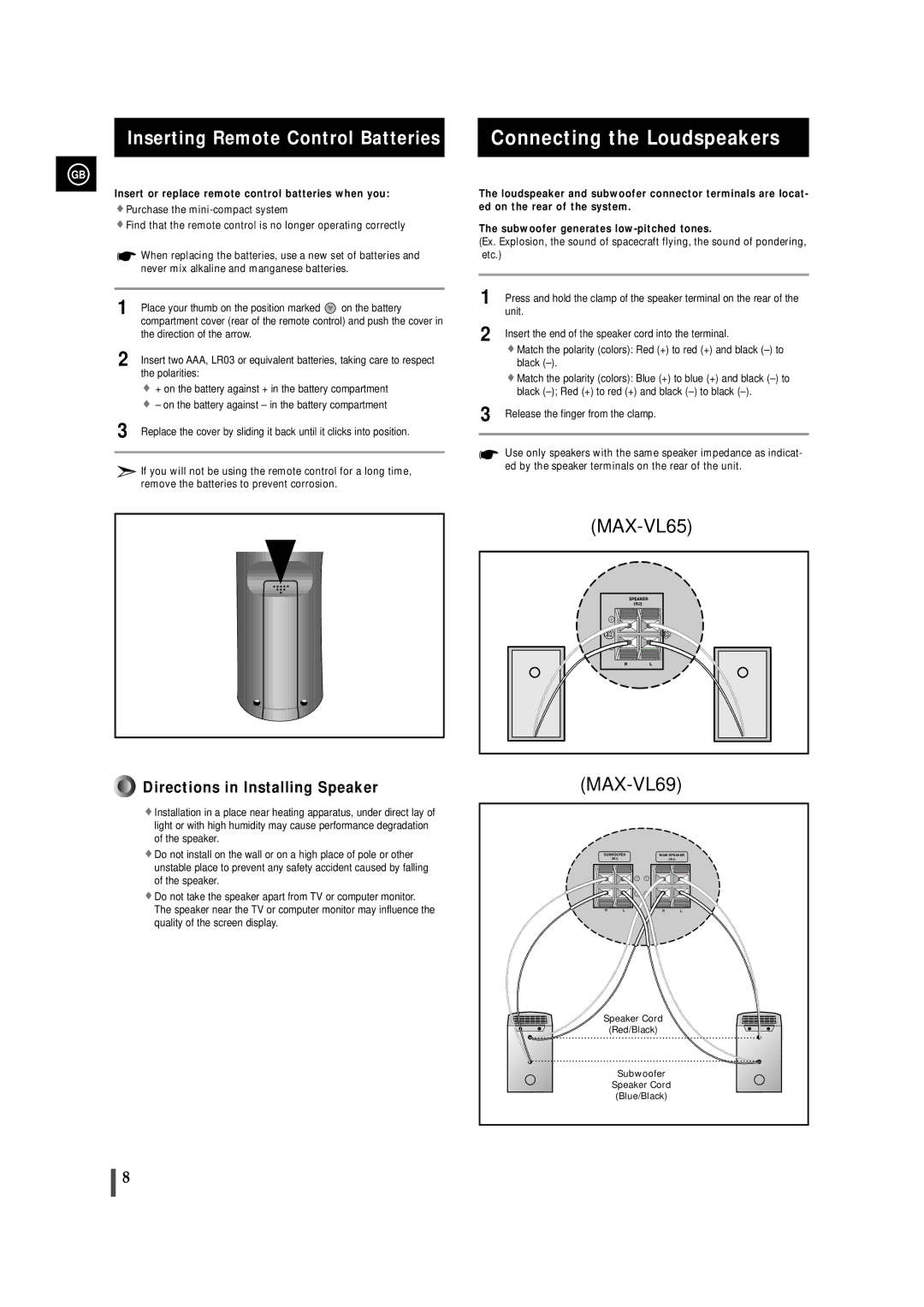 Samsung AH68-00939B, MAX-VL65, MAX-VL69 instruction manual Connecting the Loudspeakers, Inserting Remote Control Batteries 