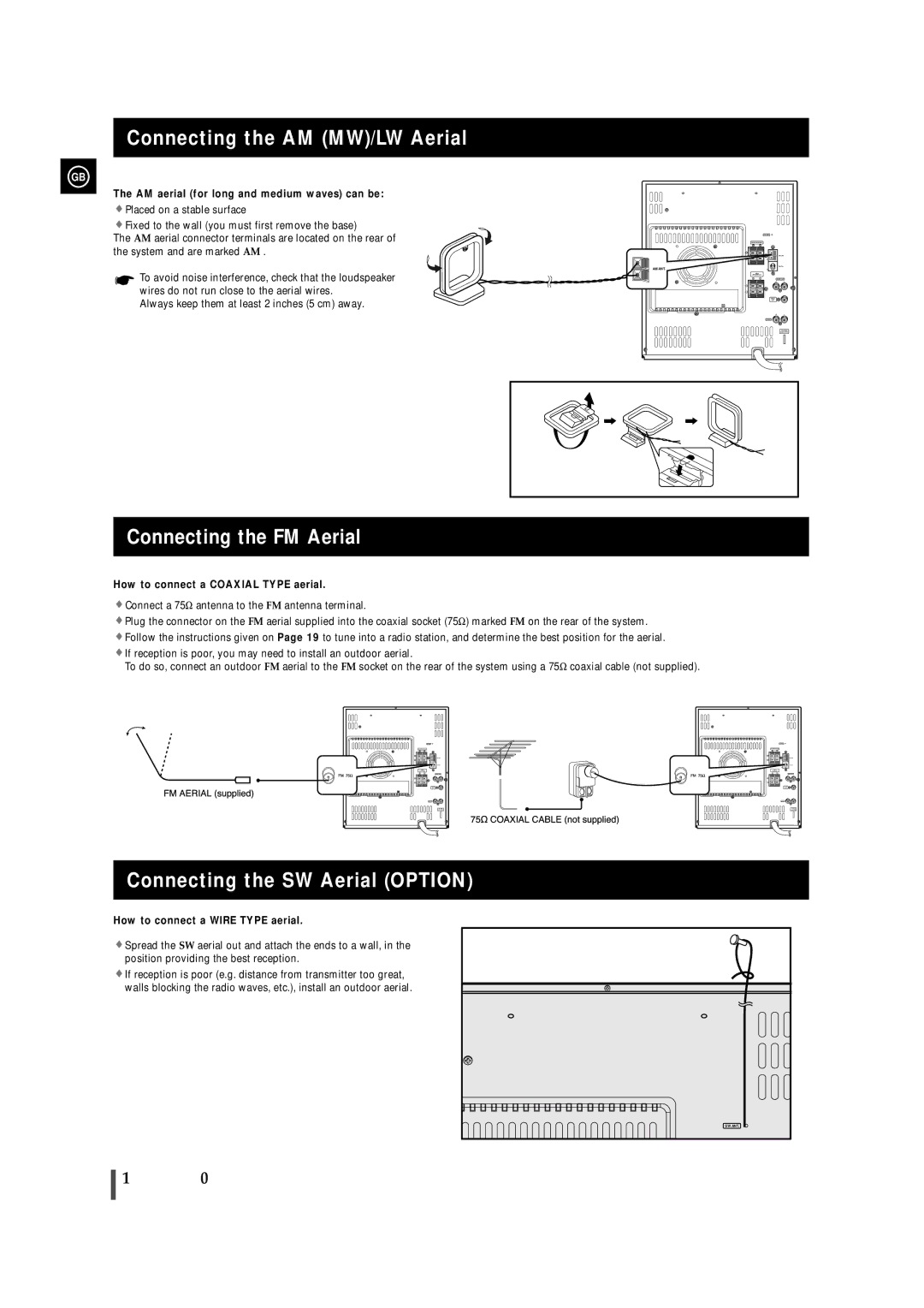 Samsung MAX-VL85 Connecting the AM MW/LW Aerial, Connecting the FM Aerial, Connecting the SW Aerial Option 