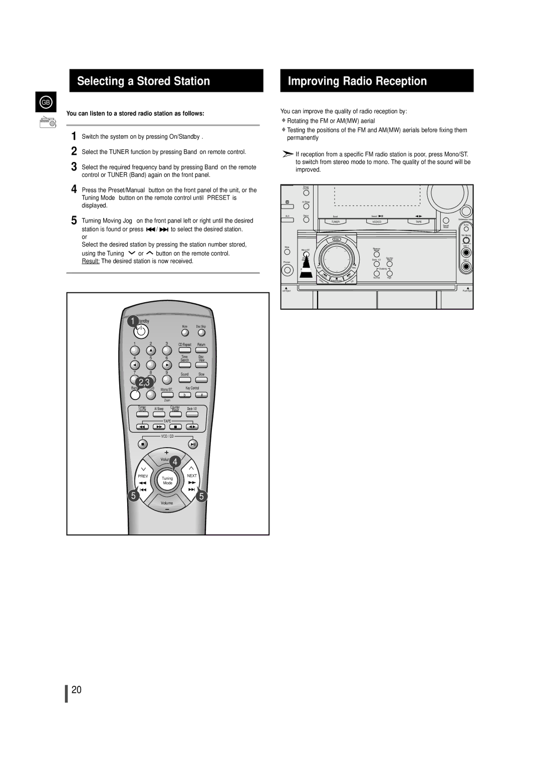 Samsung MAX-VL85 Selecting a Stored Station, Improving Radio Reception, You can improve the quality of radio reception by 