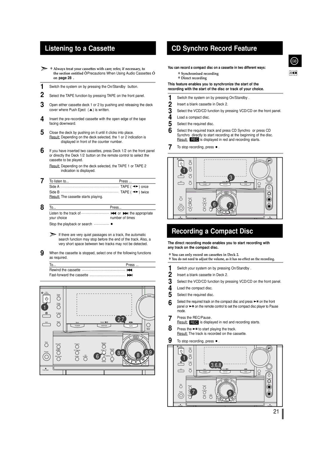 Samsung MAX-VL85 instruction manual Listening to a Cassette, CD Synchro Record Feature, Recording a Compact Disc 