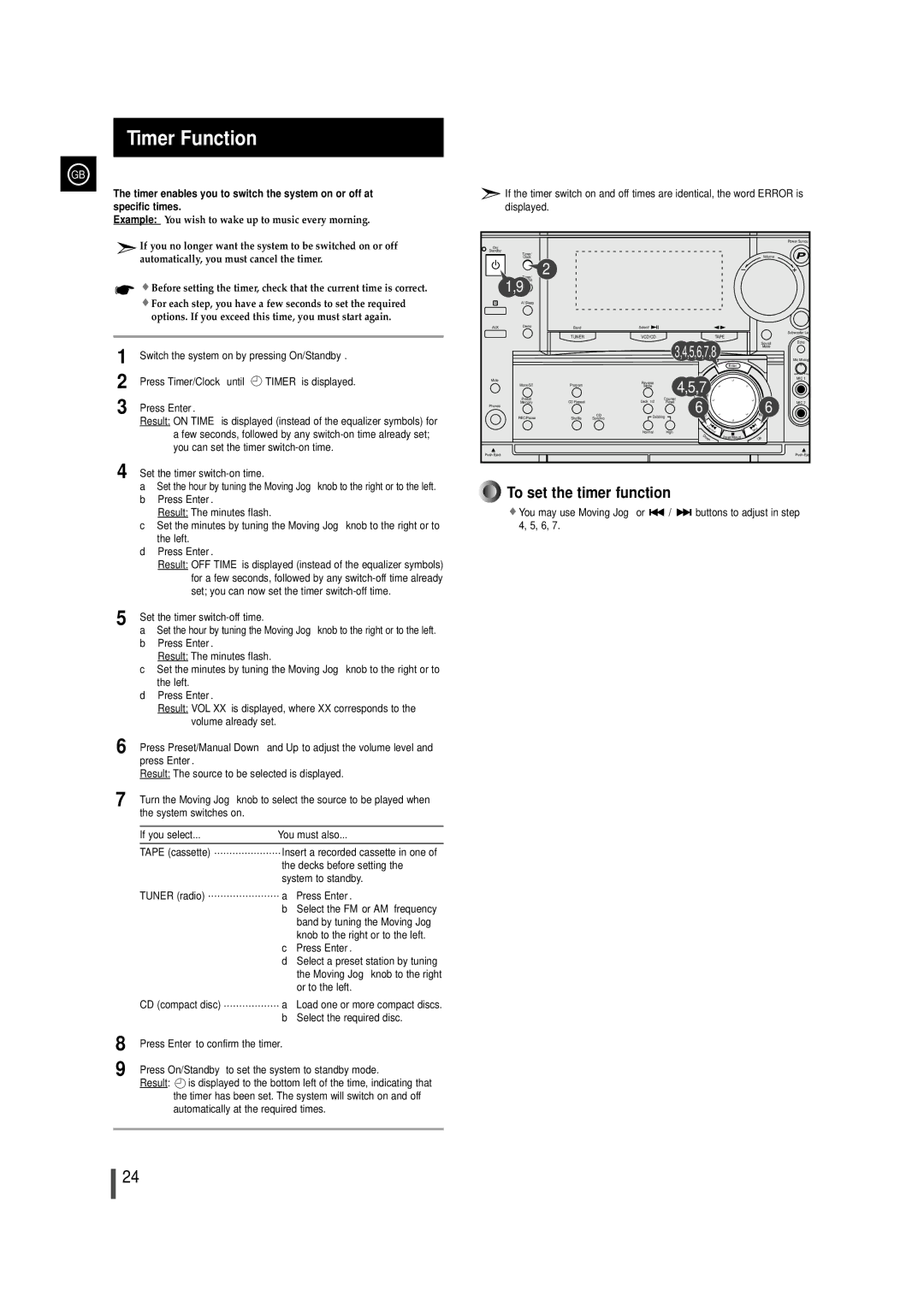 Samsung MAX-VL85 instruction manual Timer Function, Press Timer/Clock until, If you select You must also 