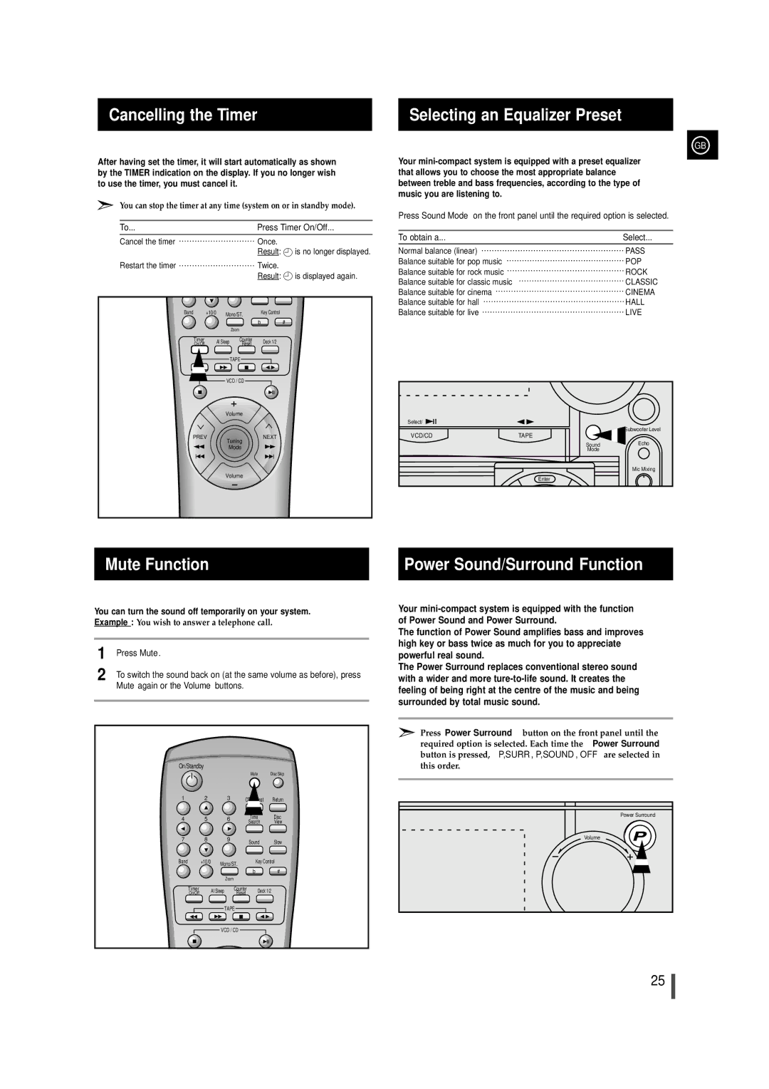 Samsung MAX-VL85 Cancelling the Timer Selecting an Equalizer Preset, Mute Function, Power Sound/Surround Function 