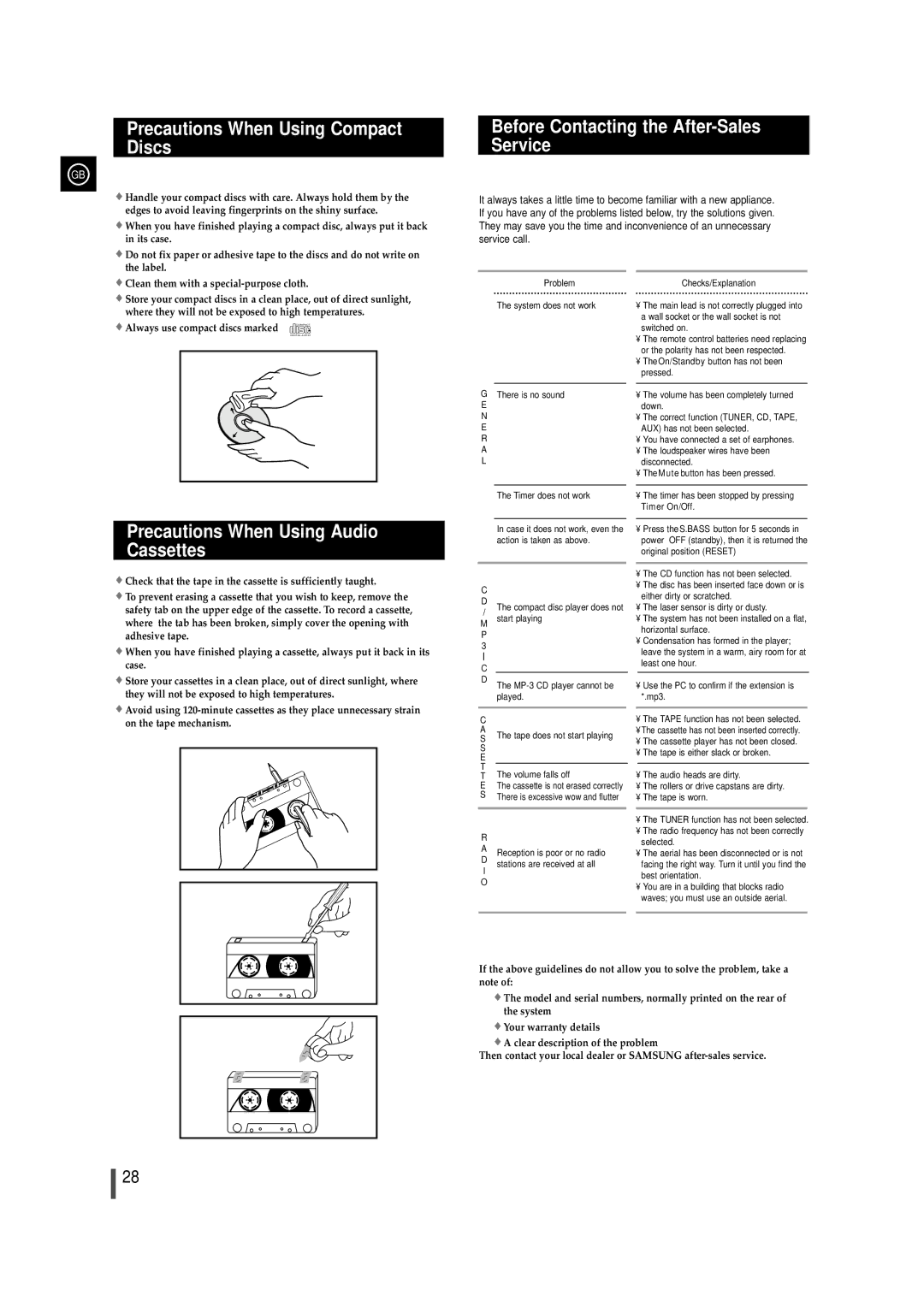 Samsung MAX-VL85 instruction manual Precautions When Using Compact Discs, Before Contacting the After-Sales Service 