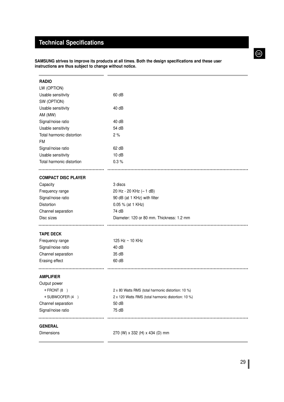 Samsung MAX-VL85 instruction manual Technical Specifications, Compact Disc Player 