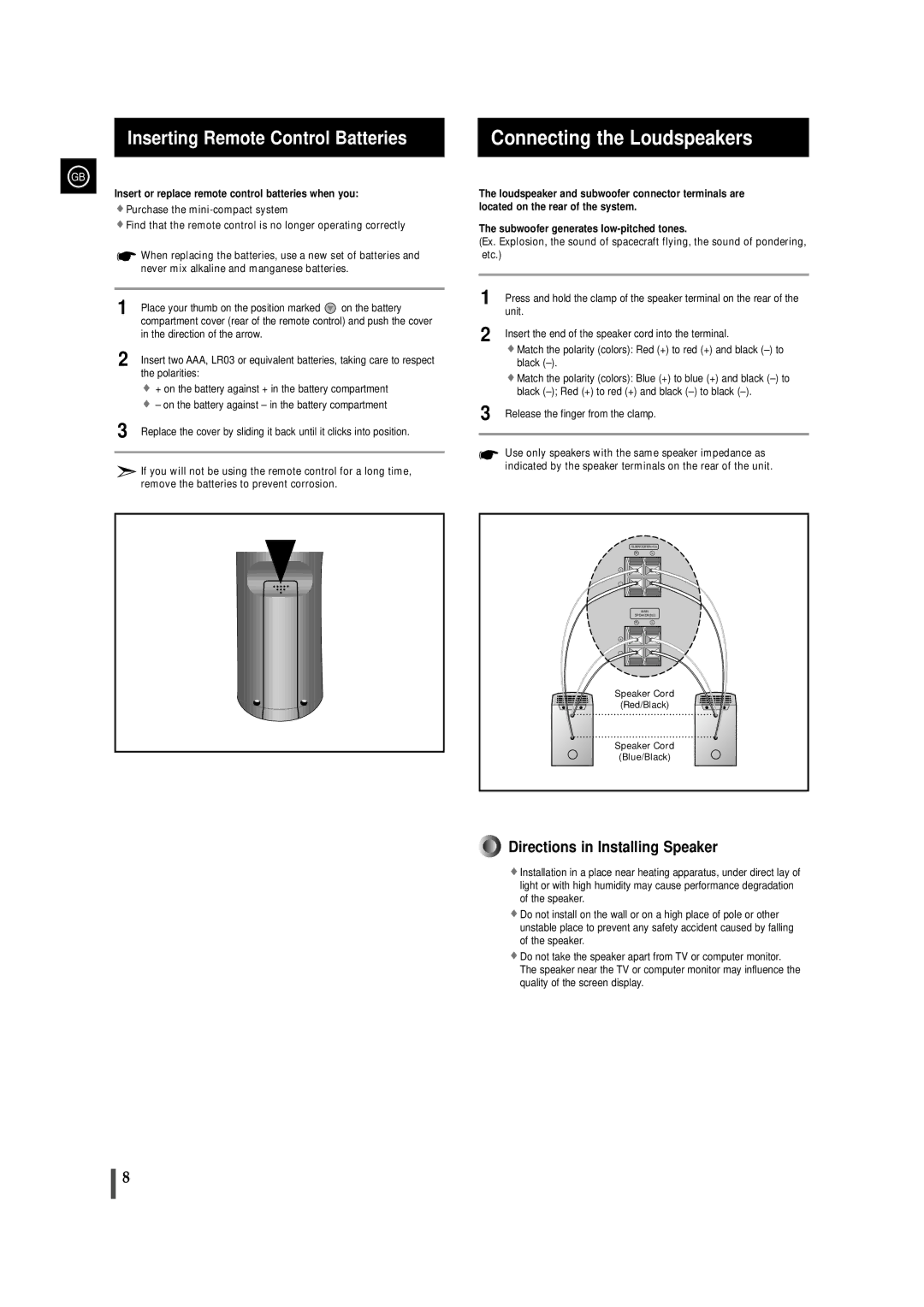 Samsung MAX-VL85 instruction manual Connecting the Loudspeakers, Inserting Remote Control Batteries 