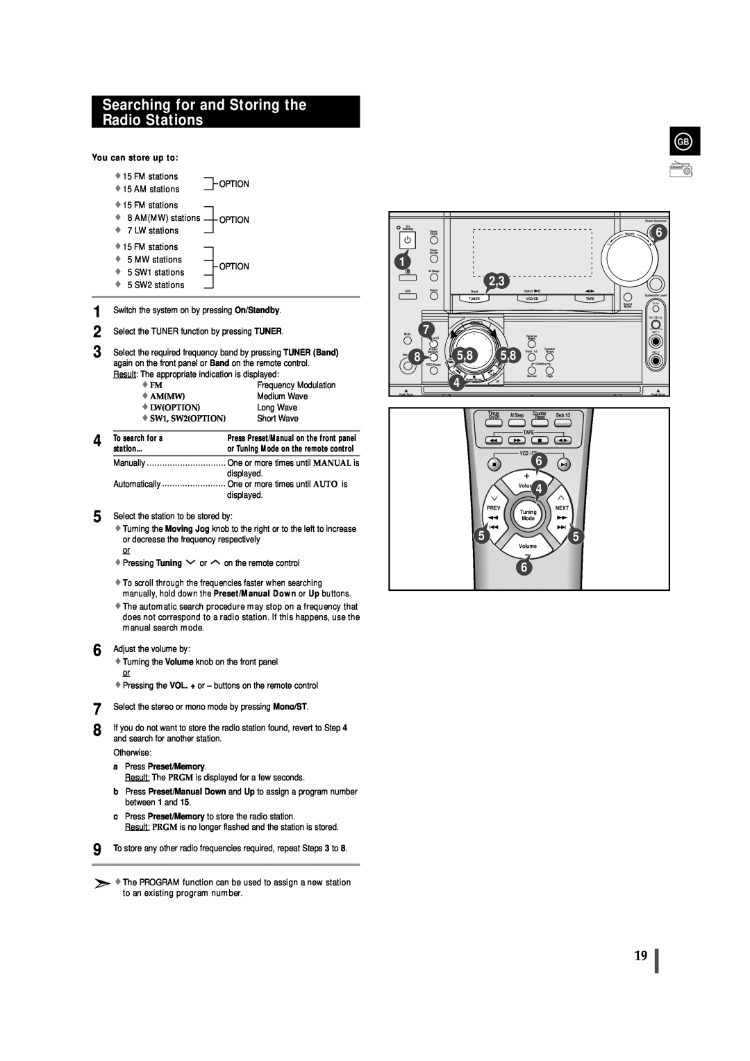 Samsung MAX-VL85 instruction manual Searching for and Storing the Radio Stations 