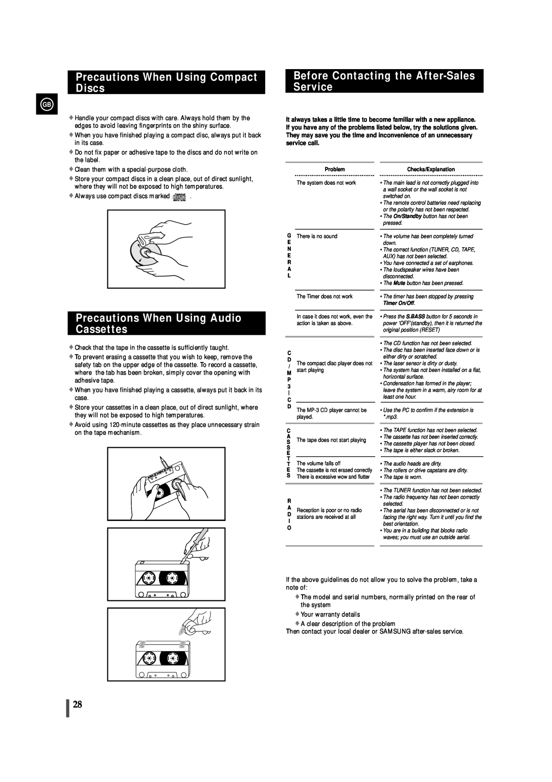 Samsung MAX-VL85 instruction manual Precautions When Using Compact Discs, Before Contacting the After-SalesService 