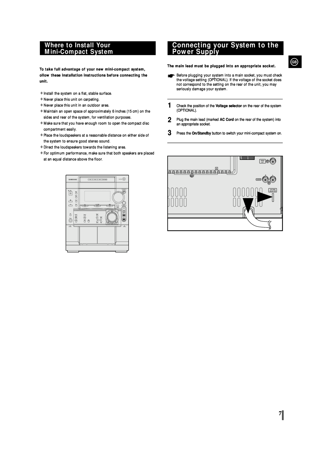 Samsung MAX-VL85 instruction manual Connecting your System to the Power Supply, Where to Install Your Mini-CompactSystem 