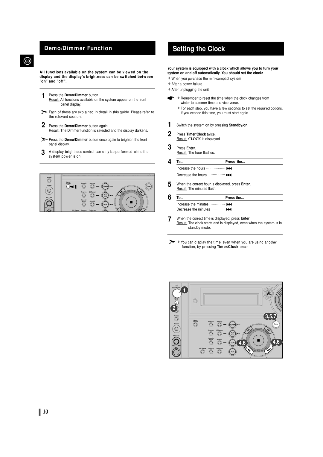 Samsung MAX-VS530 Panel display, Press the Demo/Dimmer button again, Press Enter Result The hour flashes 