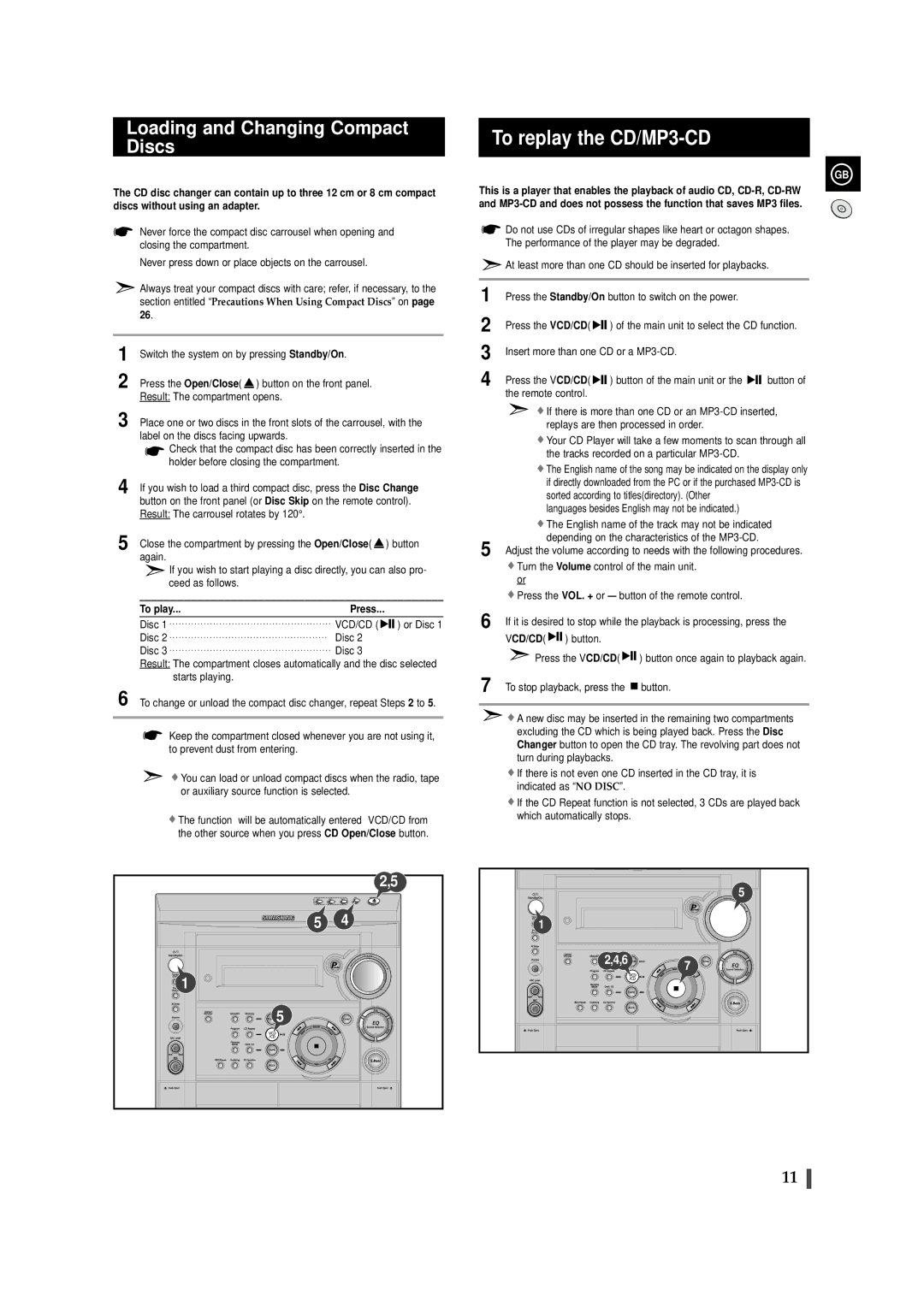 Samsung MAX-VS530 instruction manual To replay the CD/MP3-CD, Loading and Changing Compact Discs, To play 