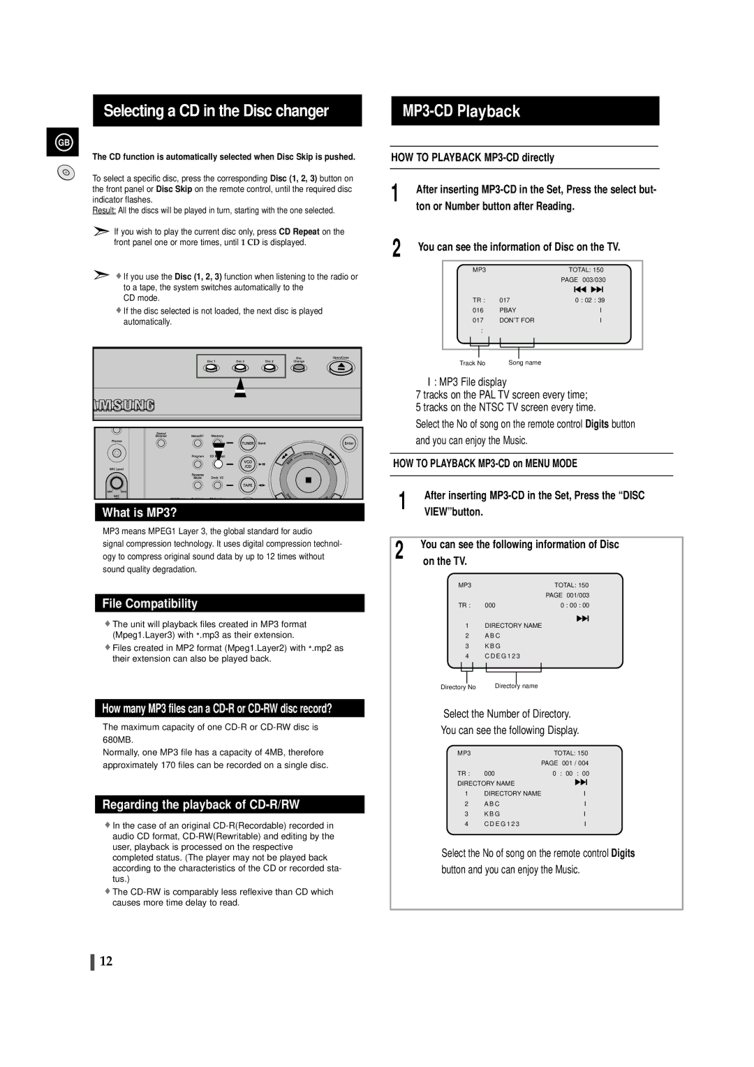 Samsung MAX-VS530 Selecting a CD in the Disc changer, After inserting MP3-CD in the Set, Press the select but 