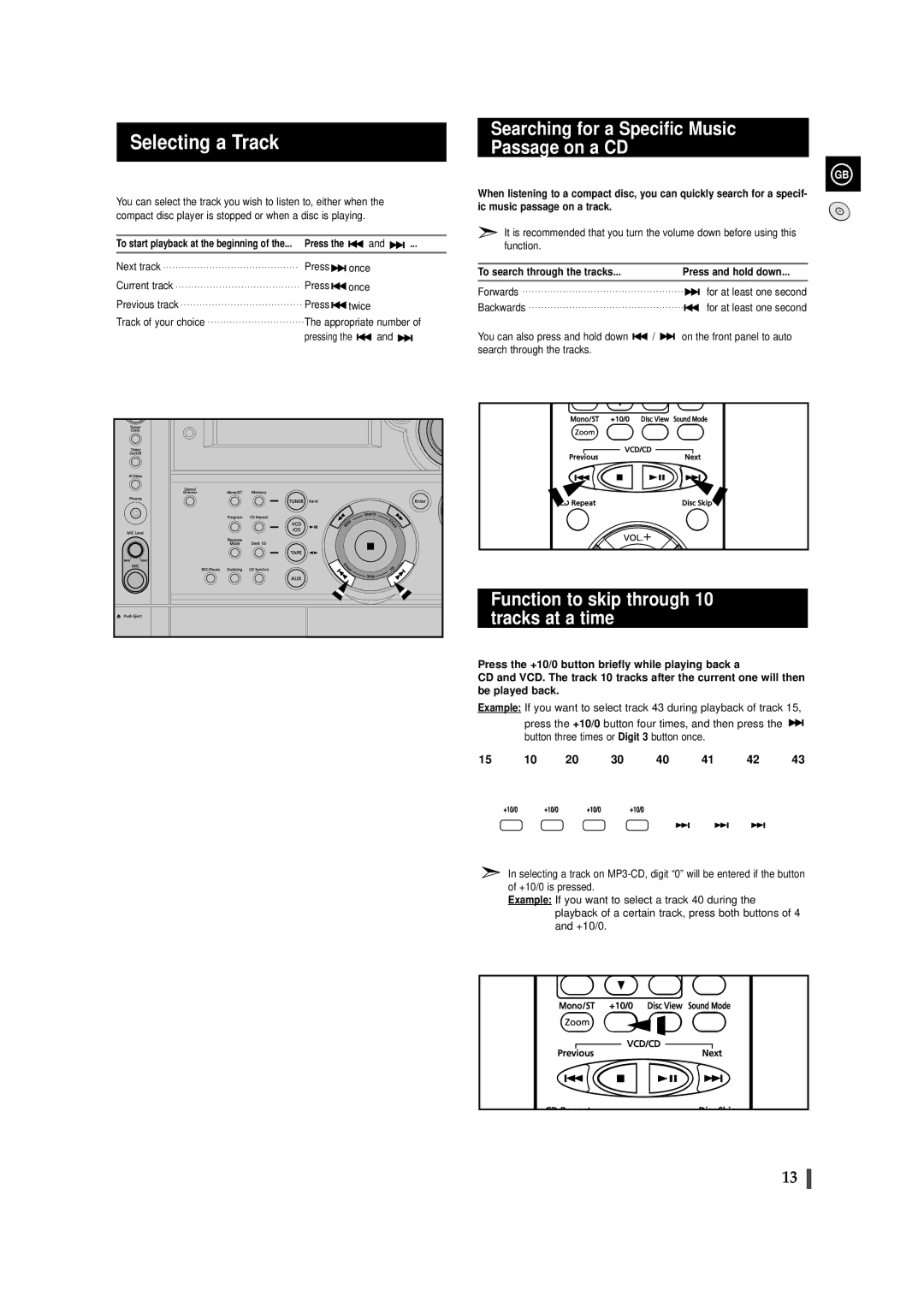 Samsung MAX-VS530 instruction manual Selecting a Track, Searching for a Specific Music Passage on a CD 