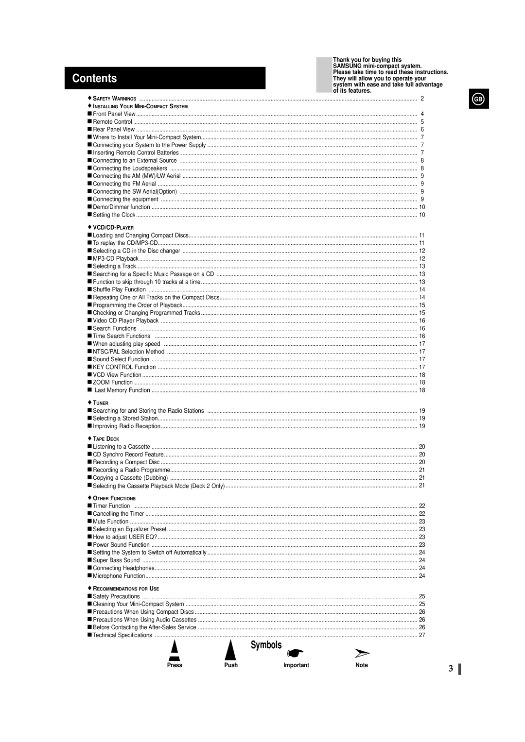 Samsung MAX-VS530 instruction manual Contents 