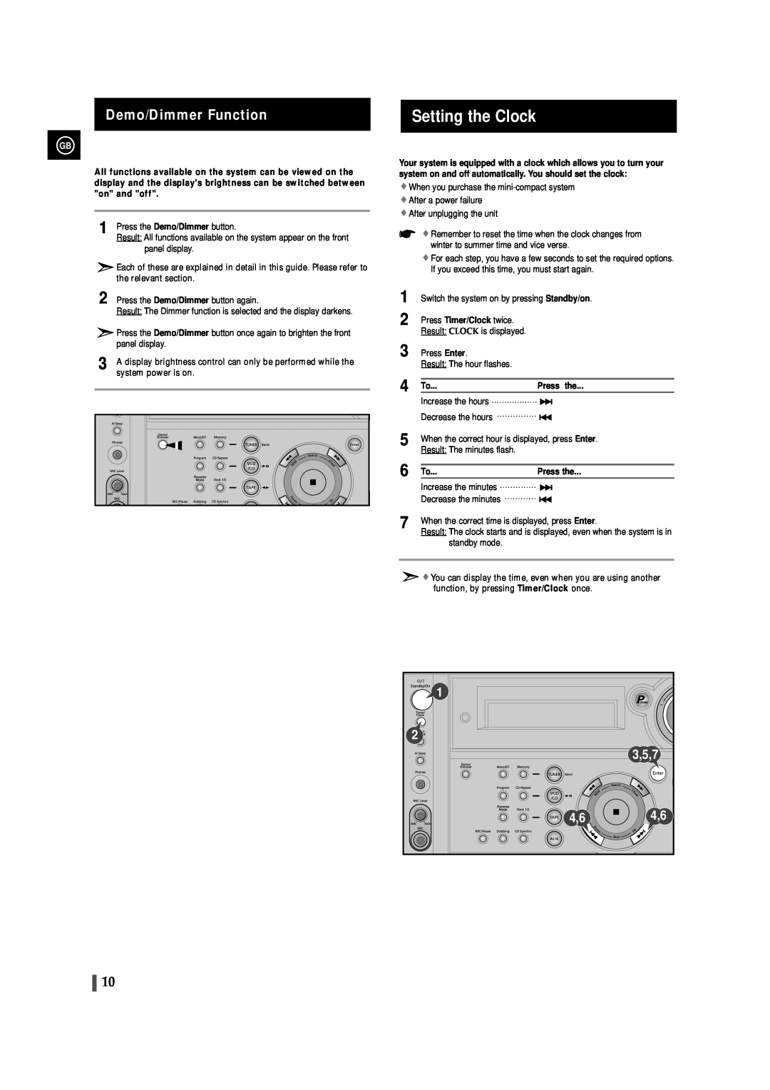 Samsung MAX-VS530 instruction manual Demo/Dimmer Function, Setting the Clock, 3,5,7, 4 To, Increase the hours 