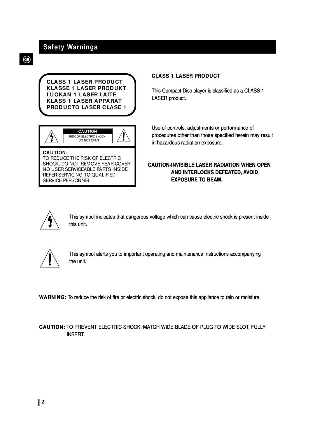 Samsung MAX-VS530 instruction manual Safety Warnings, CLASS 1 LASER PRODUCT KLASSE 1 LASER PRODUKT, Producto Laser Clase 