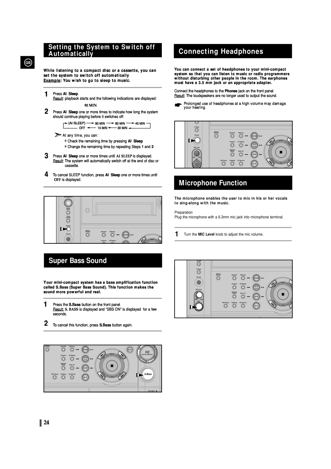 Samsung MAX-VS530 instruction manual Super Bass Sound, Connecting Headphones, Microphone Function, Press AI Sleep, 90 MIN 