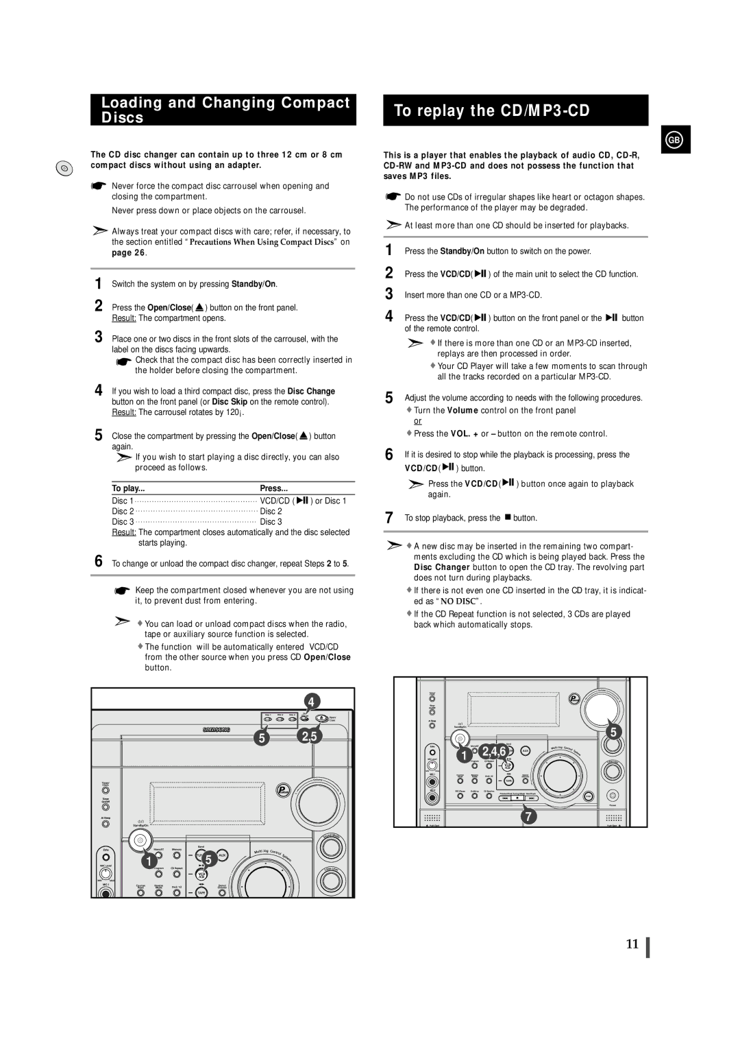 Samsung MAX-VS720 instruction manual To replay the CD/MP3-CD, Loading and Changing Compact Discs, To play Press 