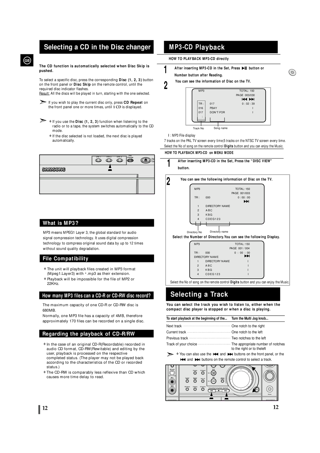 Samsung MAX-VS720 Selecting a CD in the Disc changer MP3-CD Playback, Selecting a Track, Turn the Multi Jog knob 