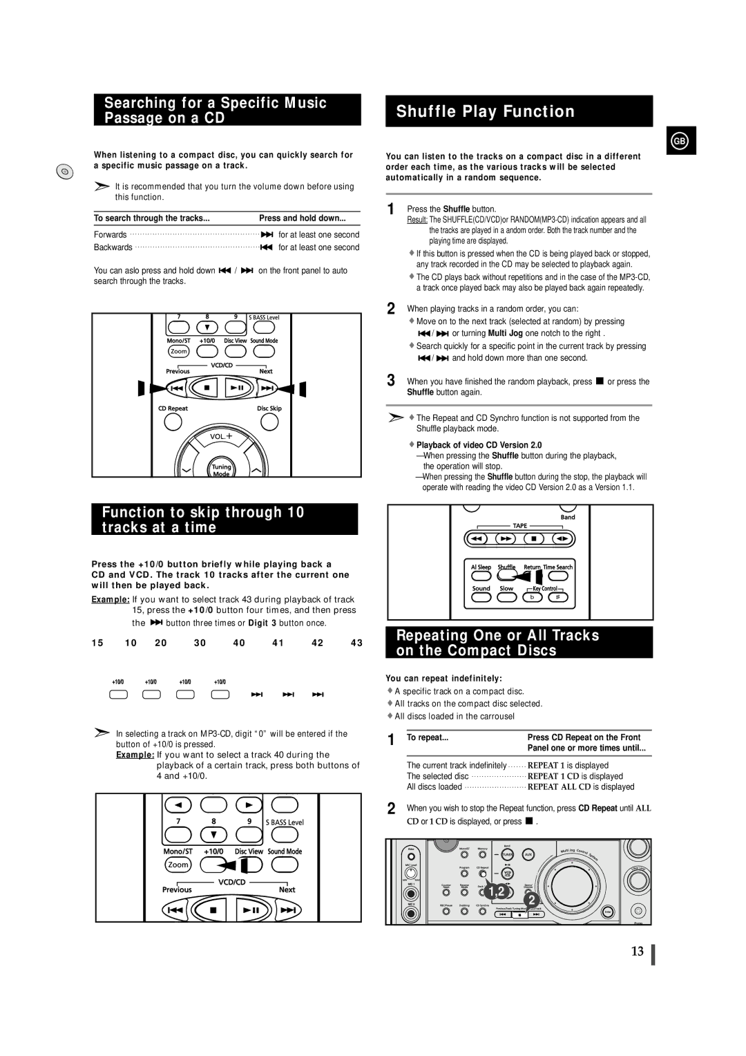 Samsung MAX-VS720 instruction manual Shuffle Play Function, Searching for a Specific Music Passage on a CD 