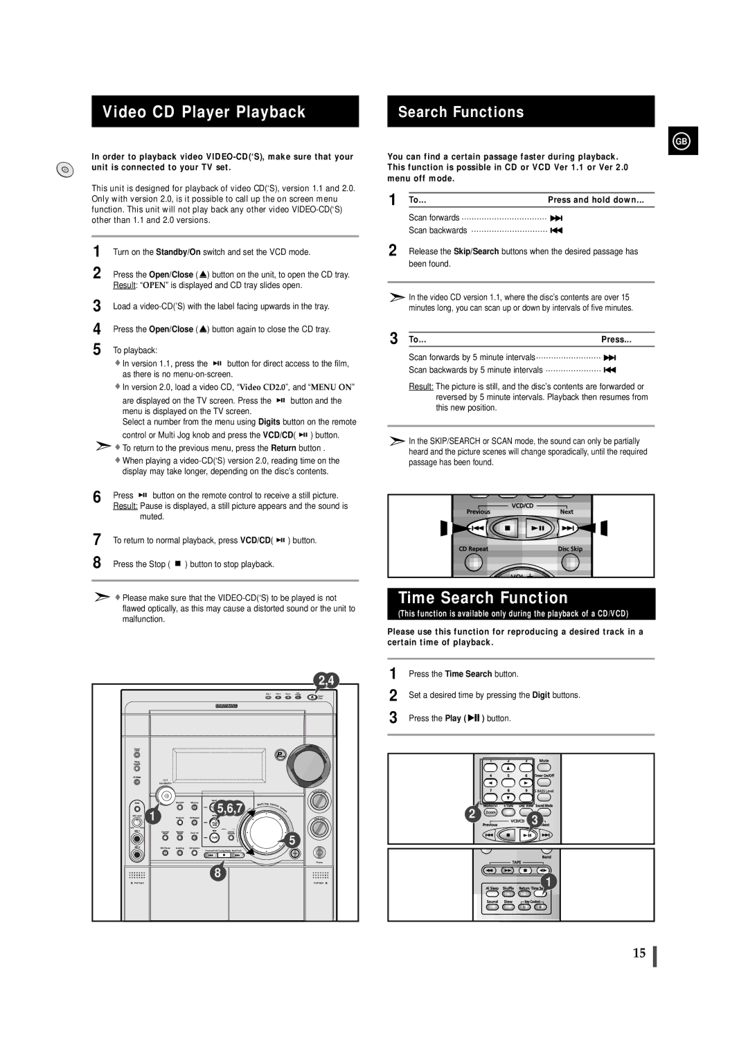 Samsung MAX-VS720 instruction manual Video CD Player Playback, Time Search Function, Search Functions 